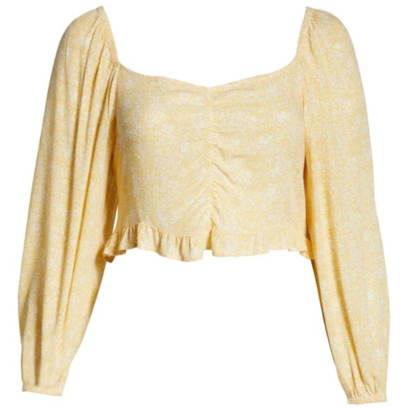 (A5) BP. Yellow Retro Meadow Floral Print Sweetheart Neck Crop Top, Size 1X, NWT - Picture 5 of 7